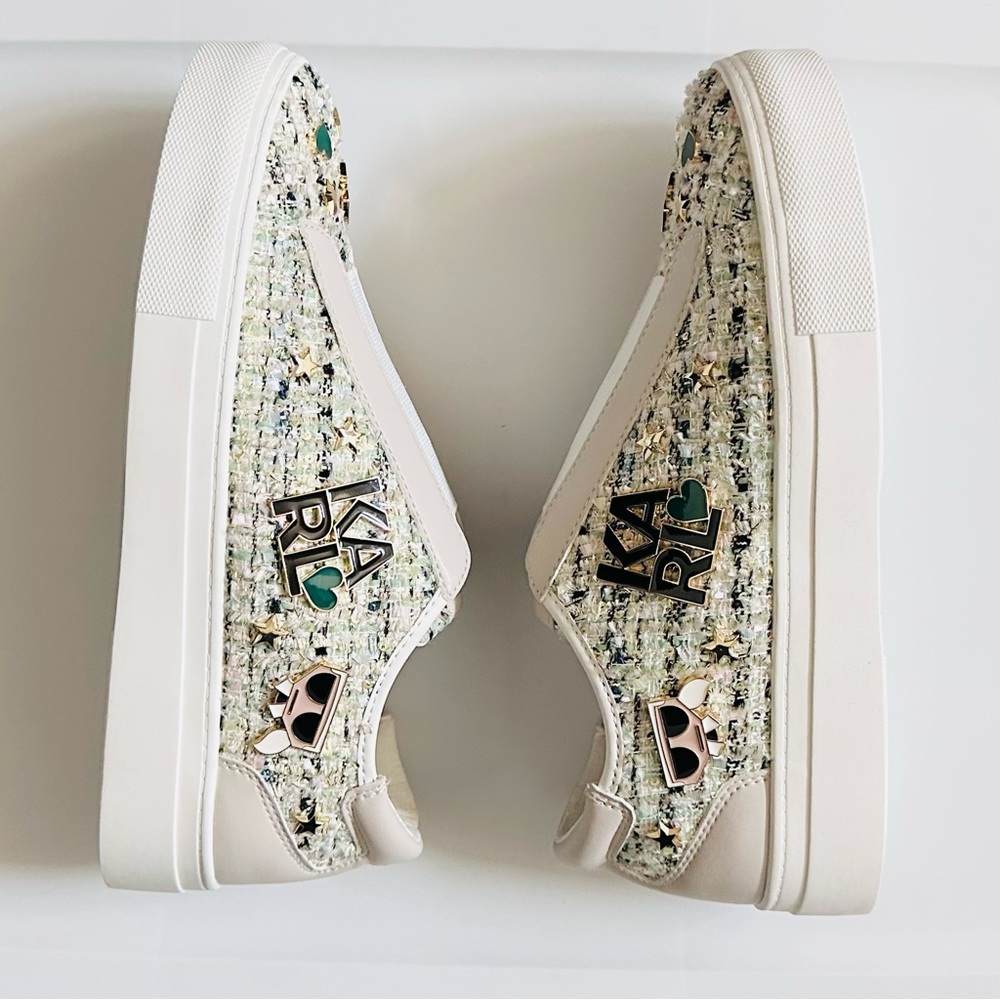 Karl Lagerfeld White Tweed Slip-On Sneakers with Enamel Pins